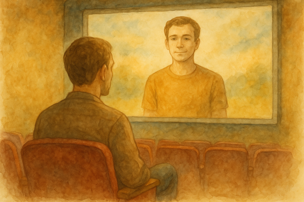 Ilustración en acuarela de un adulto sentado en una sala de cine simbólica, observando en la pantalla a su “yo” afrontando con calma una situación que antes causaba ansiedad, representando la técnica Functional Imagery Training.