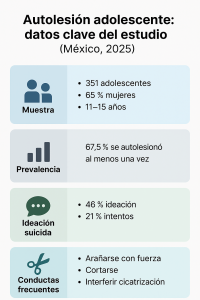 Infografía en español sobre autolesión adolescente: 351 estudiantes, 67.5% con autolesión, 46% ideación suicida, 21% intentos, conductas más comunes arañarse, cortarse e interferir cicatrización.