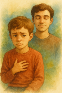 Ilustración en acuarela de un niño preocupado y su versión adolescente serena, simbolizando cómo la regulación emocional infantil influye en la salud mental adolescente.