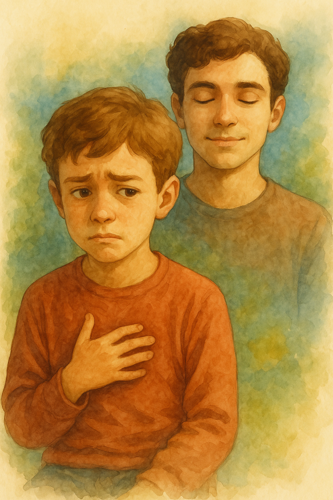 Ilustración en acuarela de un niño preocupado y su versión adolescente serena, simbolizando cómo la regulación emocional infantil influye en la salud mental adolescente.