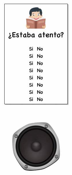 Hoja de auto-registro con la pregunta “¿Estaba atento?” y opciones de respuesta, junto a un altavoz que emite tonos a intervalos irregulares como señal para registrar la atención.