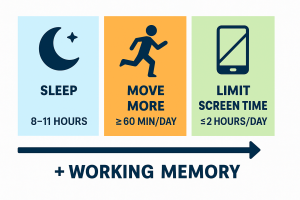 Infografía de las guías de movimiento de 24 horas para adolescentes: dormir 8–11 horas, hacer ≥60 minutos de ejercicio al día y limitar pantallas a ≤2 horas, para mejorar la memoria de trabajo.
