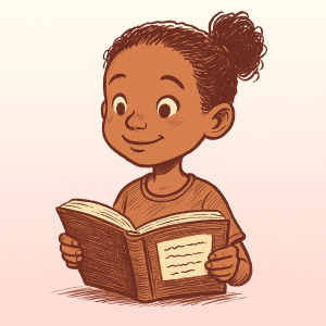Niña mestiza leyendo un libro con expresión atenta, ilustración en estilo clásico de libro infantil.