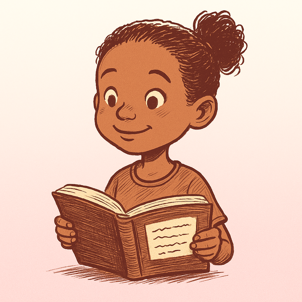 Niña mestiza leyendo un libro con expresión atenta, ilustración en estilo clásico de libro infantil.