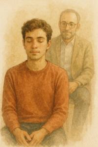 Ilustración en acuarela de un joven practicando relajación guiada con la presencia serena de un terapeuta detrás, simbolizando la práctica guiada y el bienestar emocional.