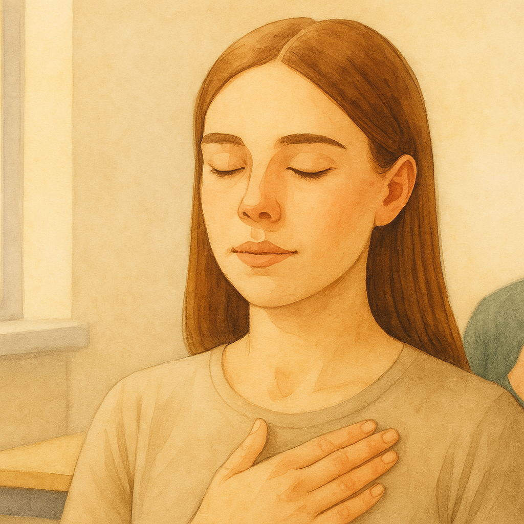 Estudiante universitaria practicando respiración guiada con una mano sobre el pecho, ilustración en acuarela digital que representa técnicas de respiración para reducir el estrés y mejorar el bienestar psicológico.
